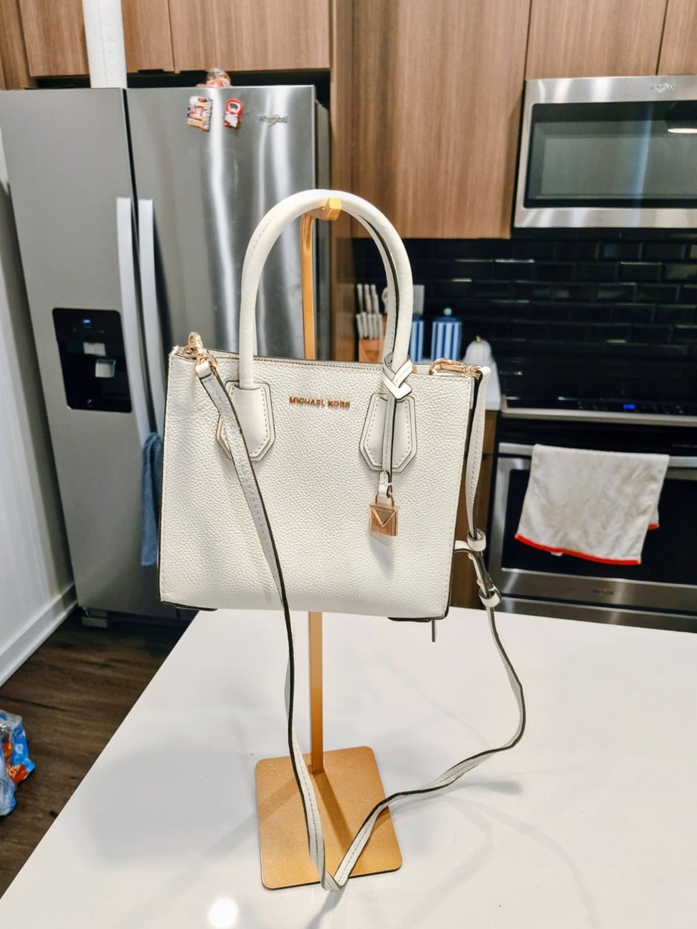 Michael Kors Cream Pebbled Leather Satchel with Gold Hardware